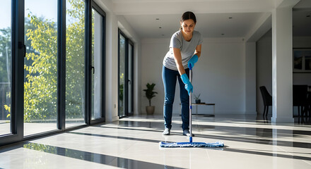 Woman Cleaning Floor with Mop in Modern House