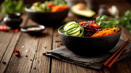 Vibrant bowl of noodles with vegetables and herbs.