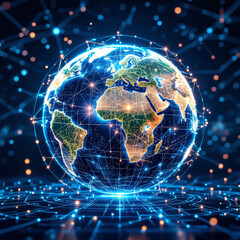 Illustration of a digital globe with glowing network connections symbolizes global technology