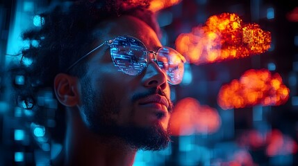 Businessman navigating a futuristic digital interface