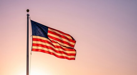 Stars and Stripes Flag Against Dramatic Sunset Background