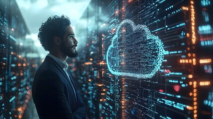 Confident Businessman Surrounded by Digital Cloud Interfaces