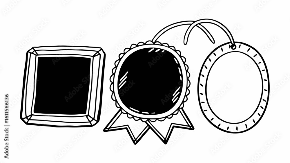 Poster illustration of a square frame, a rosette with ribbons, and a round tag with a string loop created w