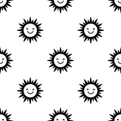 Seamless black and white pattern of cute, cartoon suns with happy faces, isolated on white background.