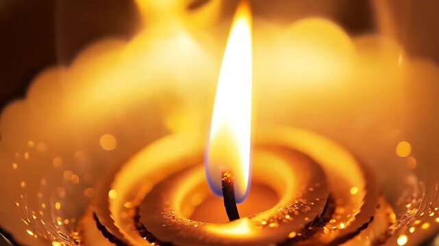 spinning diya flame with lens flare and soft golden particles