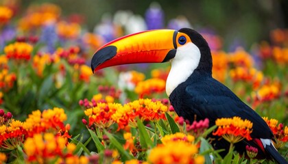 Fototapeta premium Vibrant Toucan Amidst a Kaleidoscope of Flowers