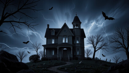 Spooky Night: A gothic mansion silhouetted against a stormy night sky, a perfect backdrop for Halloween and horror themes, with bare tree branches and bats completing the chilling scene.