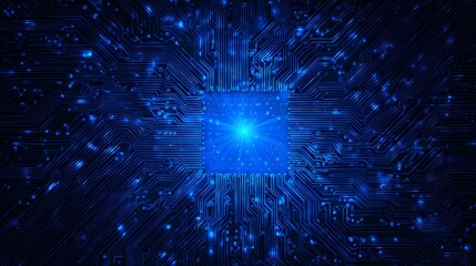 Detailed circuit board with illuminated central processor.