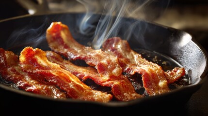 Bacon strips sizzling in cast iron pan. Cozy rustic kitchen