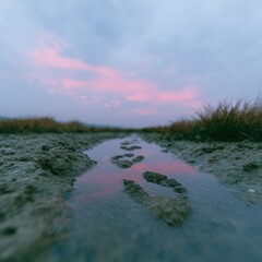 Dramatic sky over calm river, butterflies fluttering, tiny footprints near mud
