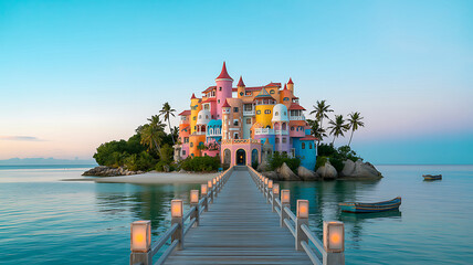 Fototapeta premium Colorful island castle with wooden pier and boats at sunset pastel architecture