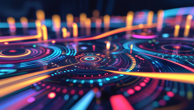 Abstract digital graphic design, vibrant colorful circular patterns, futuristic interface.