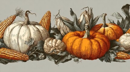 Intricate hand-drawn border features a collection of pumpkins in various colors alongside fresh corn. Perfect for autumn-themed projects or seasonal decor, showcasing the beauty of harvest time.