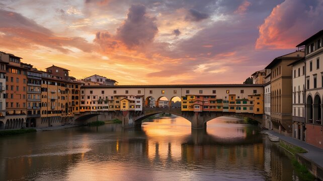 Ponte vecchio bridge in florence italy at sunset with dramatic colorful sky reflected in arno river