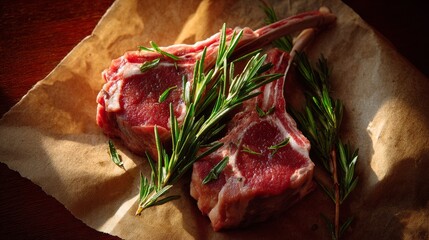 Raw lamb chops with rosemary on vintage butcher paper