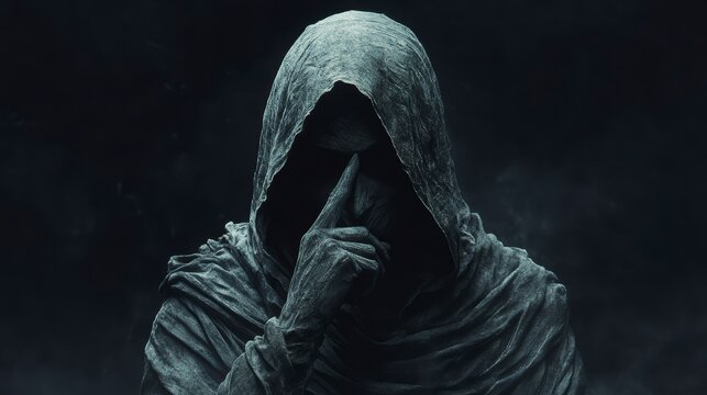 Mysterious hooded figure with finger to lips, shrouded in darkness and smoke, evokes secrecy and mystery.