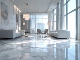 Modern luxury lobby with marble floors and large windows