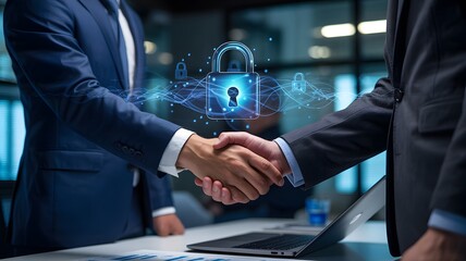 Businessmen shaking hands with digital padlock and network overlay symbolizing cybersecurity and data protection