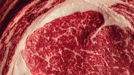 Obraz premium Dry-aged ribeye steak cross-section showing rich marbling texture