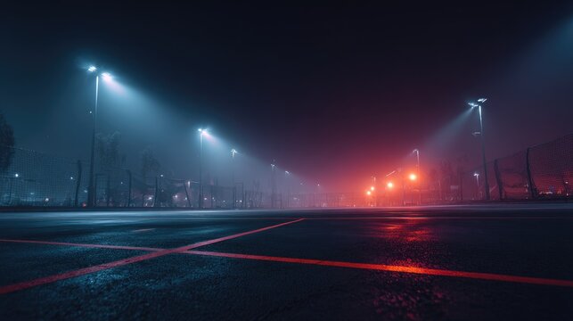Foggy, empty street at night, illuminated by contrasting cool blue and warm orange streetlights, creating a surreal, atmospheric scene - Powered by Adobe