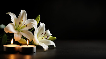 Burning Candles and White Lily Flowers on Black Background with Copy Space &ndash; Elegant Funeral, Memorial or Sympathy Concept
