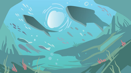 Fototapeta premium Ocean floor marine life background. Undersea with corals and seaweed, sea bottom, vector illustration