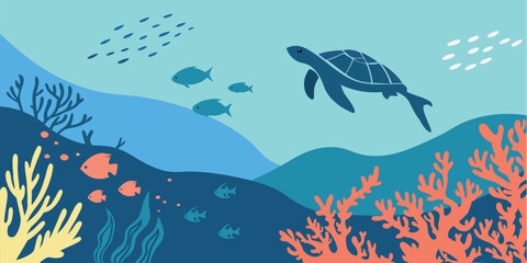 Ocean floor marine life background. Undersea with corals and seaweed, sea bottom,  vector illustration