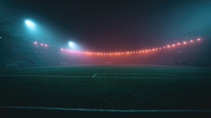 Fog-shrouded soccer field at night, illuminated by teal and amber stadium lights; goal visible in the distance