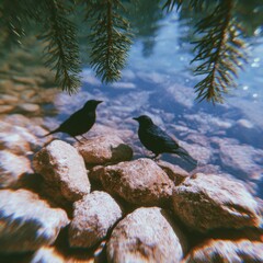 Soft river curves through pine hills, light reflections, birds perched on driftwood