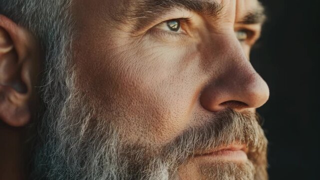 A middle-aged man with a beard looking off to the side, showing a contemplative and intense expression.