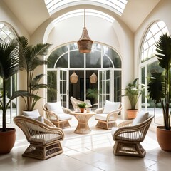 Cozy terrace seating with stylish armchairs and elegant arch decor, bathed in warm natural light creating a relaxed, inviting atmosphere.