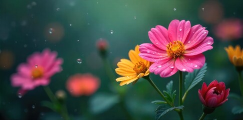 A melancholic scene of raindrops falling on vibrant, colorful flowers, symbolizing the bittersweet nature of emotional release Perfect for expressing sadness, longing, or catharsis , green, drops