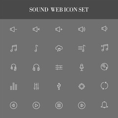 Collection of white outline sound and music icons on a dark gray background part-1