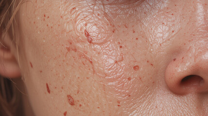 Fototapeta premium Close-up of a person's face with visible skin texture, showcasing natural imperfections and healthy glow, representing authenticity and self-confidence in beauty.