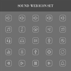 Collection of white outline sound and music icons on a dark gray background part-7