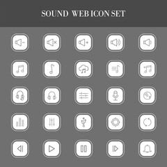 Collection of white outline sound and music icons on a dark gray background part-9