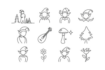Fototapeta premium Elf figures and nature elements in line art style christmas tree