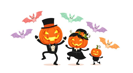 Cute Halloween Characters with Jack-o'-lantern Heads Dancing and Flying Bats Night Scene