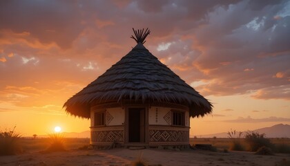 Traditional African round hut with thatched roof, tribal patterns, sunset glow