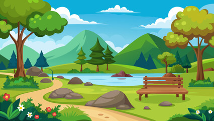 Fototapeta premium Vector art of a peaceful park setting with a winding path, trees, a pond, and distant mountains under a bright sky