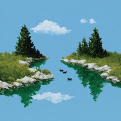 Gentle river winding through forest, ducks floating, clouds drifting