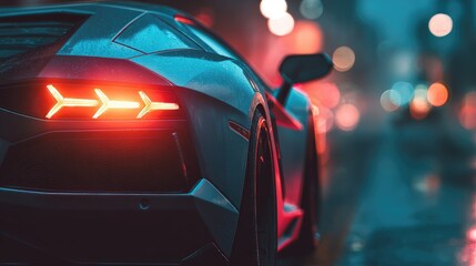 Sleek, dark-grey sports car's rear, illuminated taillights glowing intensely, rain-slicked city street blurred in background