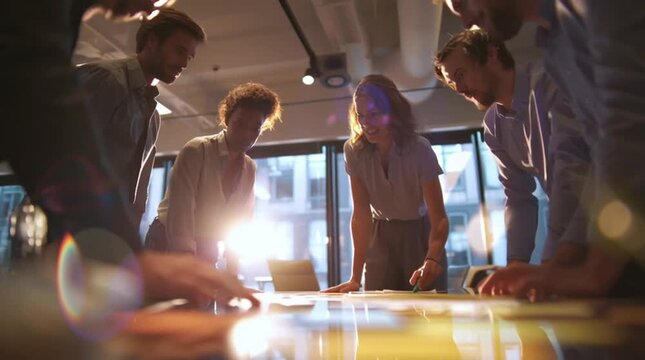 A low-angle, cinematic shot of a diverse business team collaborating around a table, with bright lens flares and engaging interactions, ideal for themes of teamwork, innovation, and modern workplace