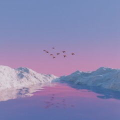 Reflective twilight water flowing under snow mountains, birds in V-formation