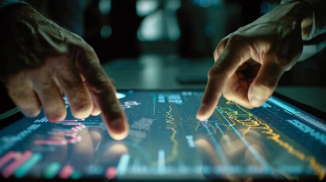 Two pairs of hands interact with a glowing, futuristic transparent screen displaying vibrant financial graphs and data, representing collaboration, technology, and business analysis.