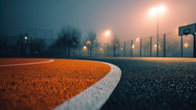 Misty night basketball court, low angle, focus on orange and white painted lines, hazy background with distant lights and bare trees