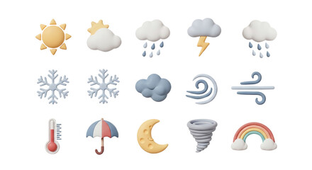 Obraz premium A collection of weather icons in a cartoonish, clay-like style, depicting sun, clouds, rain, lightning, snow, wind, thermometer, umbrella, moon, tornado, and rainbow.