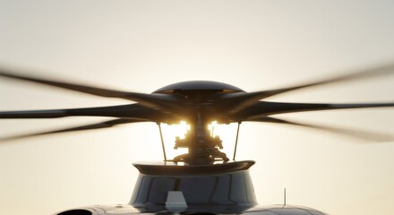 Close-up of helicopter rotor blade spinning at high speed, backlit by golden hour