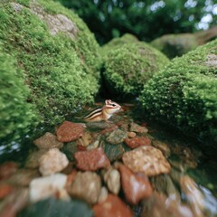Cliffside river with gentle waterfalls, chipmunks watching from rocks