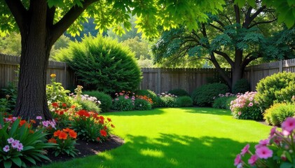 Naklejka premium Lush green backyard with vibrant flowers, a wooden fence, and mature trees providing ample shade Perfect for relaxation and outdoor activities Enjoy the serene atmosphere , country, outdoor
